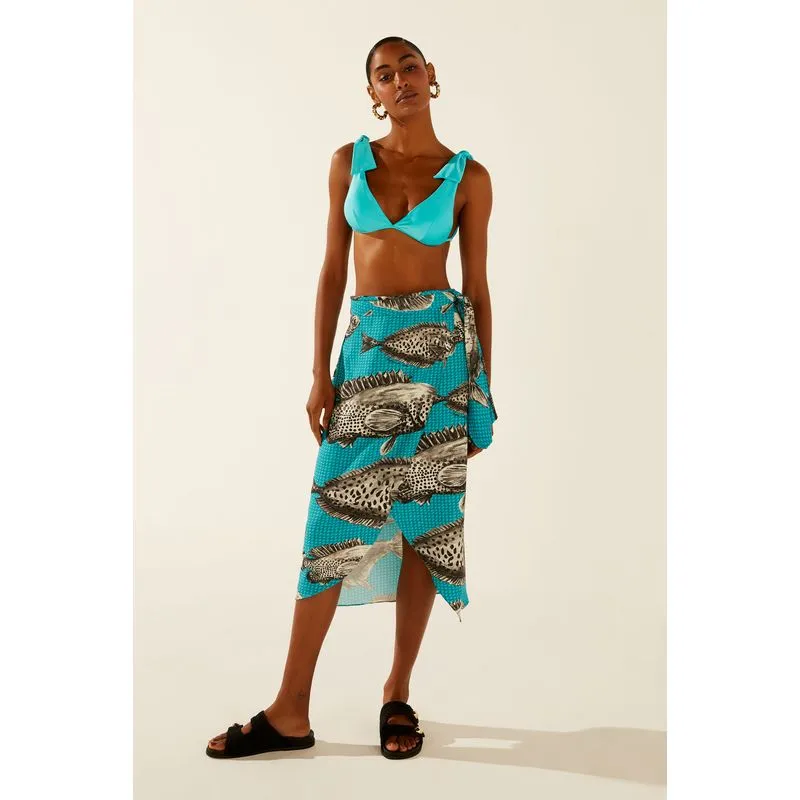 Saia Midi Pareô Reta Peixes P&B AZUL/BLUE PP/XS