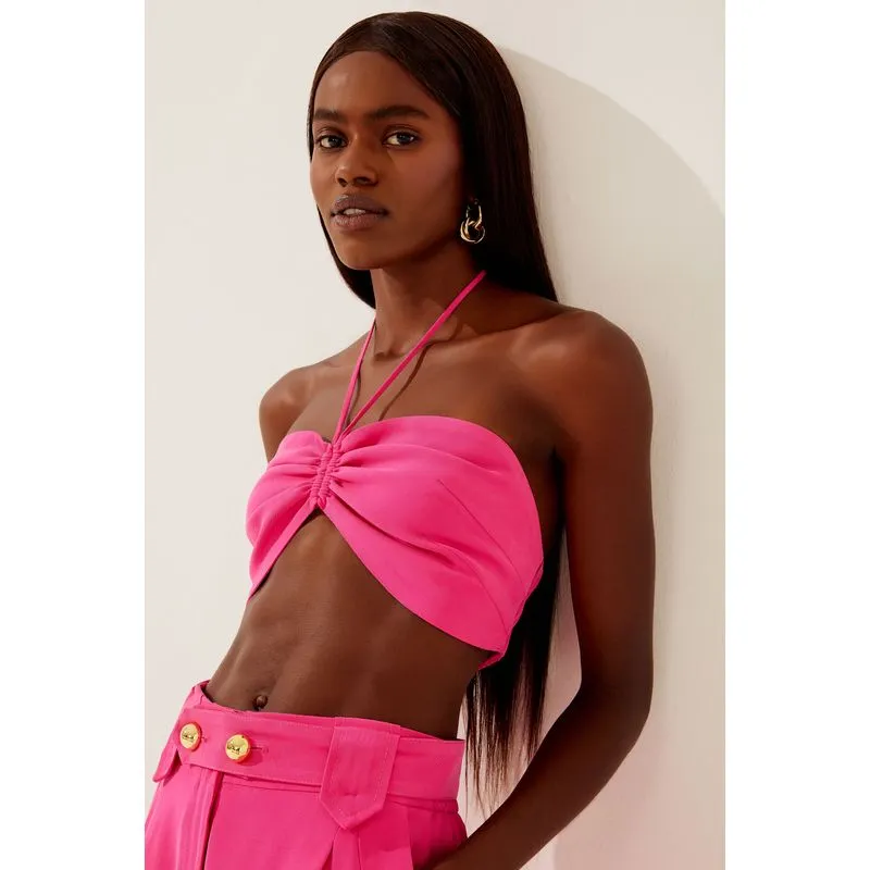 Top Cropped Alça Alfaiataria Folhagens ROSA/PINK PP/XS