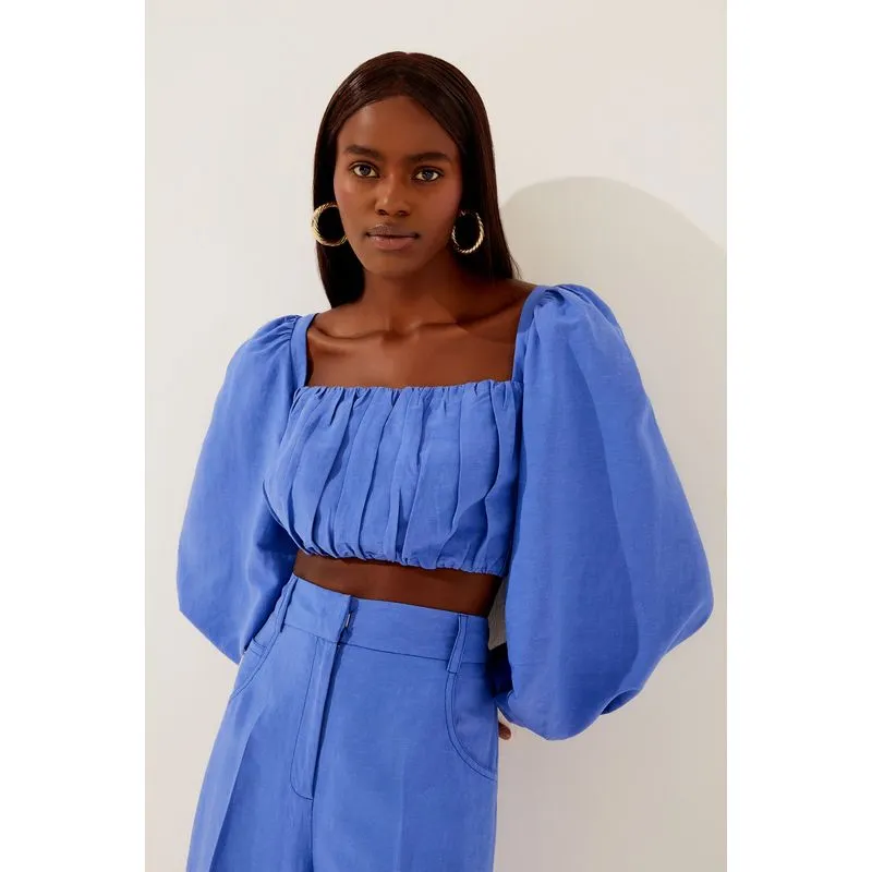 Top Cropped Manga Longa Colibris Rebites AZUL/BLUE GG/XL