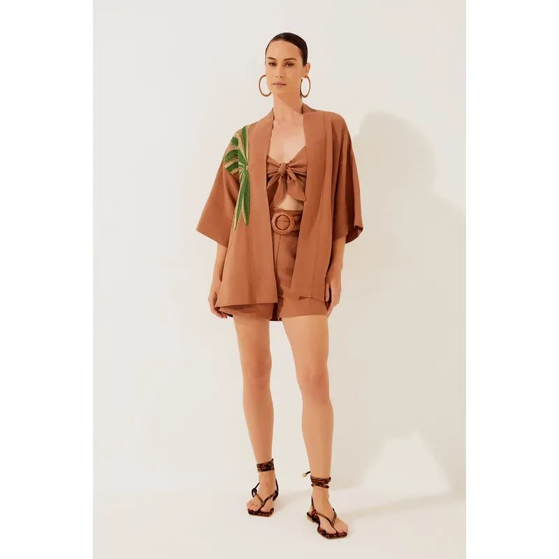 Kimono Curto Palmeiras Bordado MARROM/BROWN PP/XS
