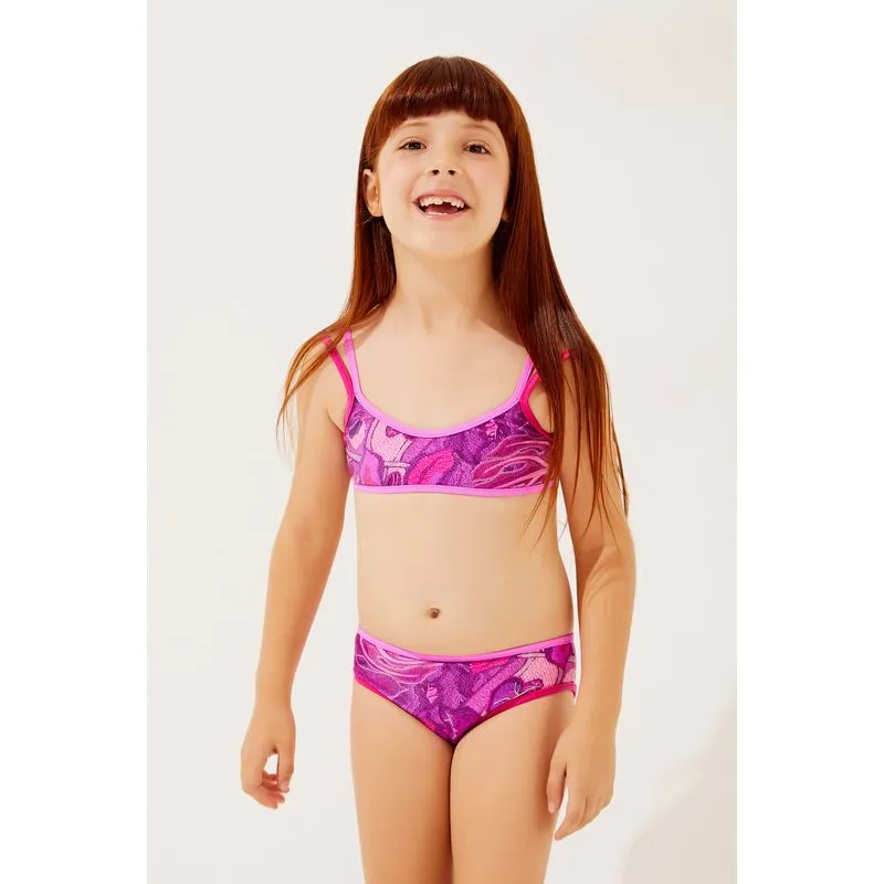 Biquíni Infantil Camiseta Com Amarração Folhagens ROSA/PINK PP/XS