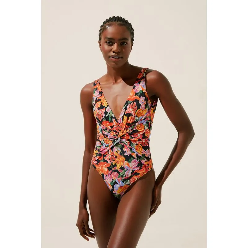 Maiô Alça Transpassado Com Elo Floral Ikat PRETO/BLACK P/S