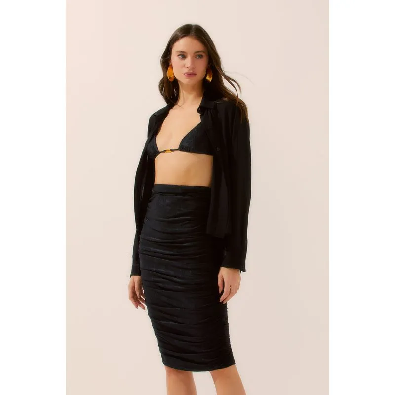 Saia Midi Franzida Com Amarração Papoula PRETO/BLACK GG/XL