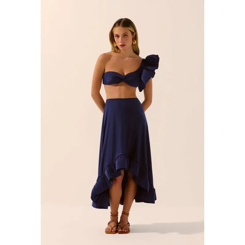 Saia Midi Com Babado Ondas Marítimas AZUL MARINHO/NAVY BLU G/L