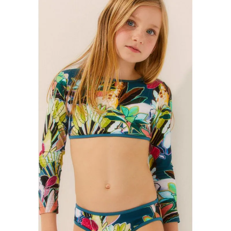 Biquíni Infantil Manga Longa Floresta Ilustrada AZUL/BLUE M/M