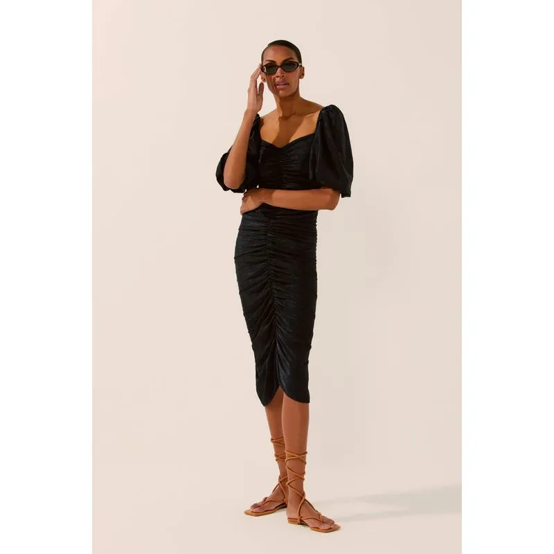 Vestido Midi Franzido Com Mangas Papoula PRETO/BLACK P/S