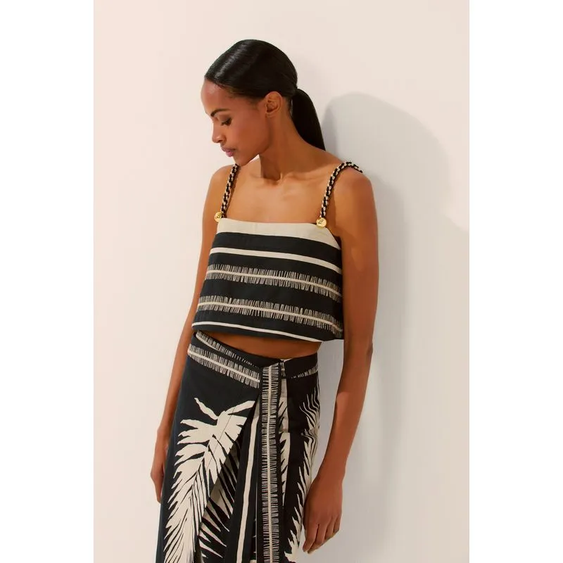 Top Cropped Alça Jacquard Botânico PRETO/BLACK PP/XS