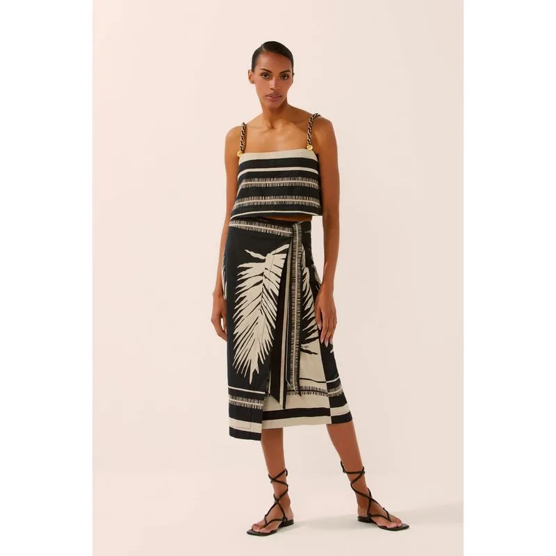 Saia Midi Transpasse Jacquard Botânico PRETO/BLACK G/L
