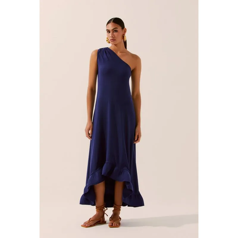 Vestido Longo Ombro Só Com Babado Ondas Marítimas AZUL MARINHO/NAVY BLU M/M