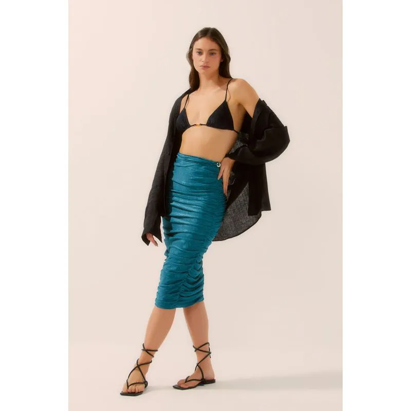 Saia Midi Franzida Com Amarração Oceano AZUL/BLUE GG/XL