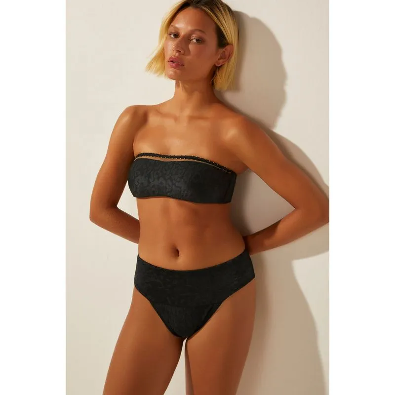 Biquíni Calcinha Lateral Média Com Pala Onça Pintada Bordado PRETO/BLACK GG/XL