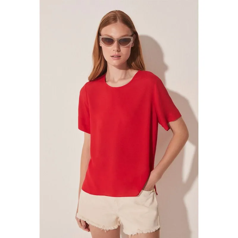 Blusa Manga Curta Flores Fluídas VERMELHO/RED PP/XS