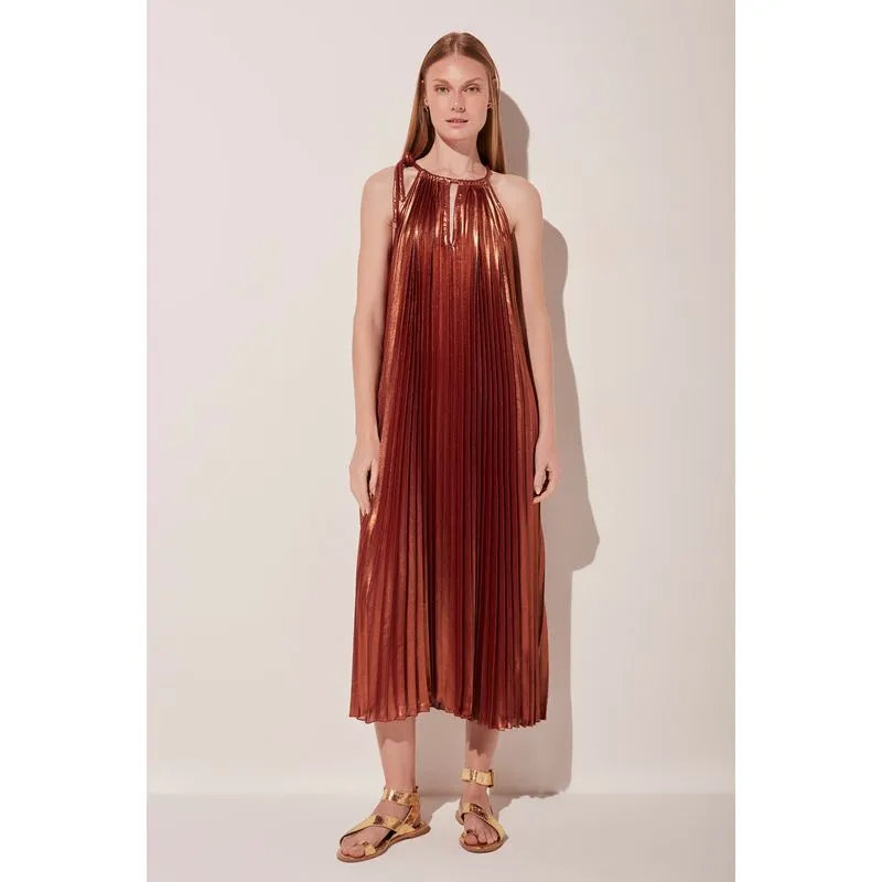 Vestido Midi Brilho Plissado MARROM/BROWN GG/XL