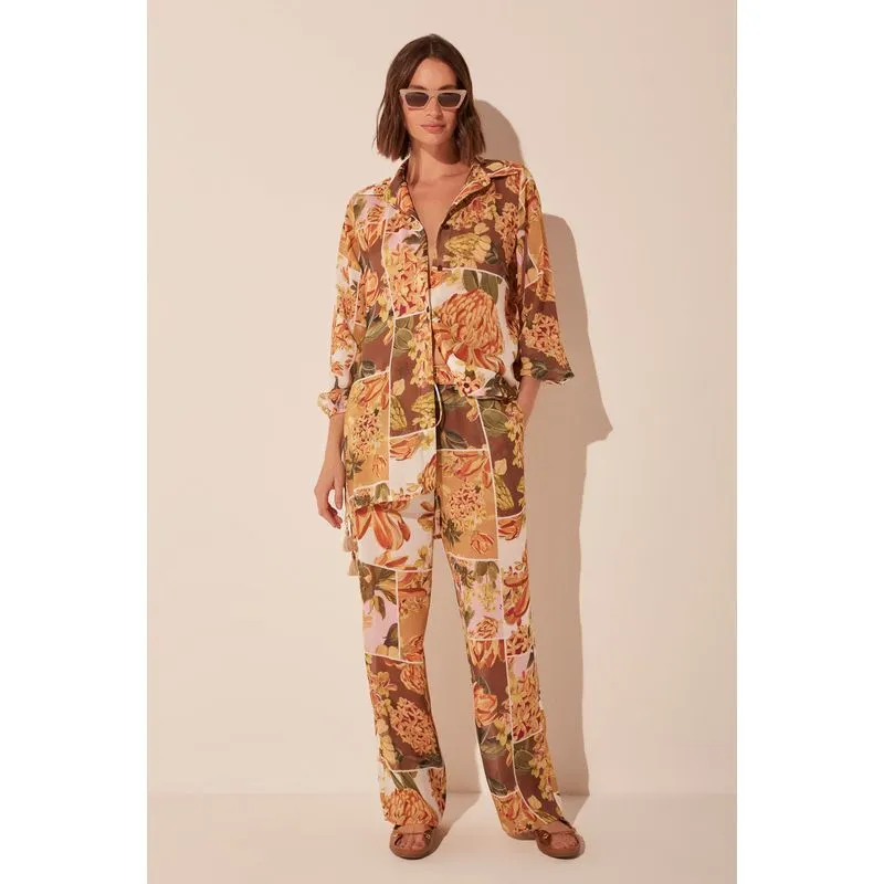 Calça Reta Flores Patchwork BEGE/BEIGE PP/XS
