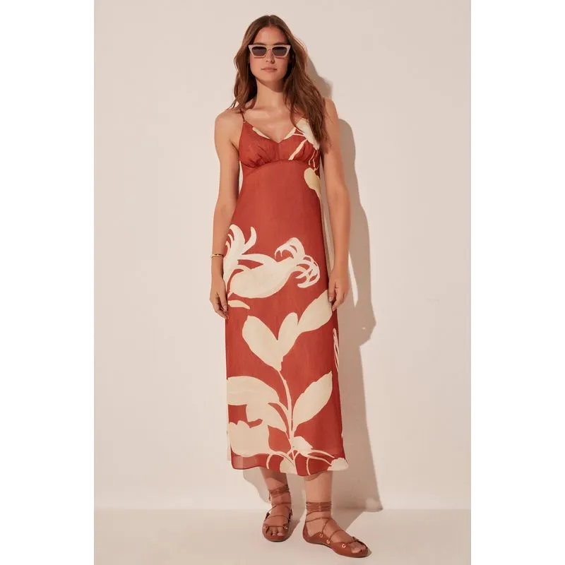 Vestido Midi Floral Bicolor LARANJA/ORANGE 44