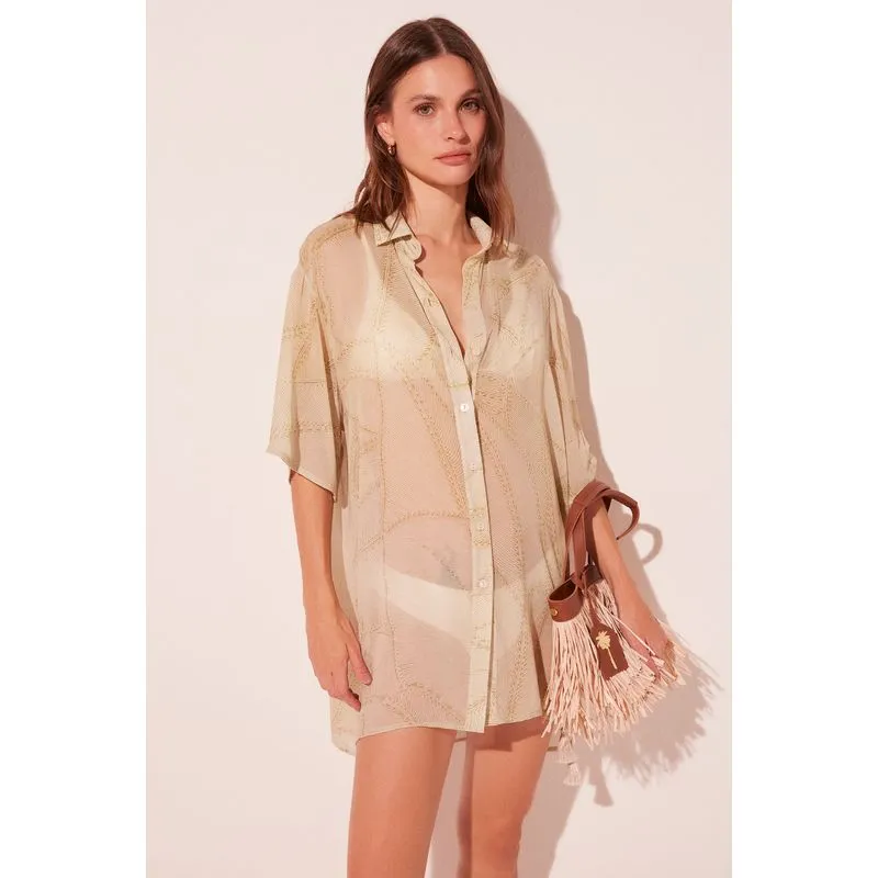 Camisa Manga Curta Folhas Bordadas BEGE/BEIGE GG/XL