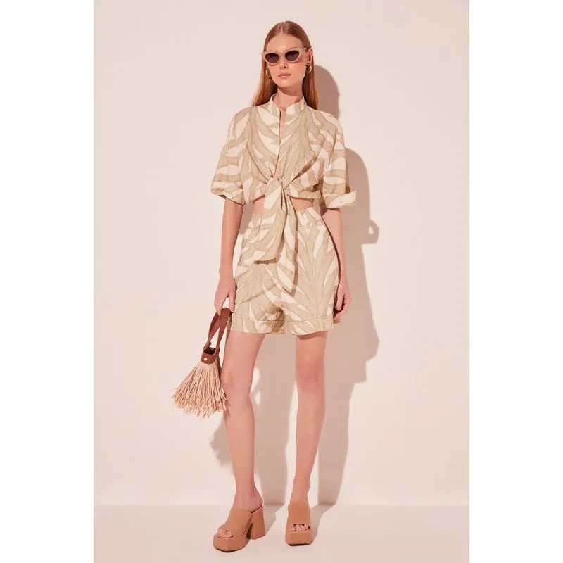 Blusa Cropped Folhas Bicolor BEGE/BEIGE P/S