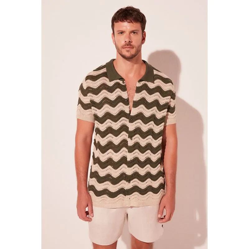 Camisa Manga Curta Trico Folha BEGE/BEIGE G/L