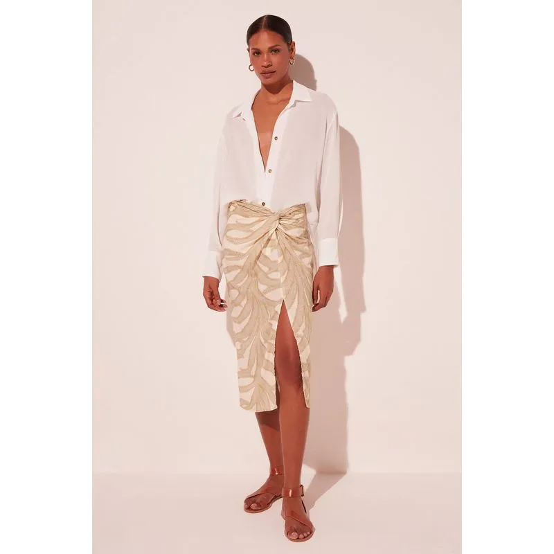 Saia Midi Folhas Bicolor BEGE/BEIGE 46
