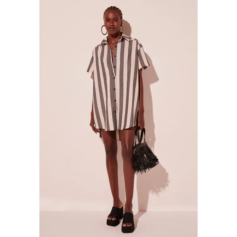 Chemise Curto Listrado Balneario Preto PRETO/BLACK G/L