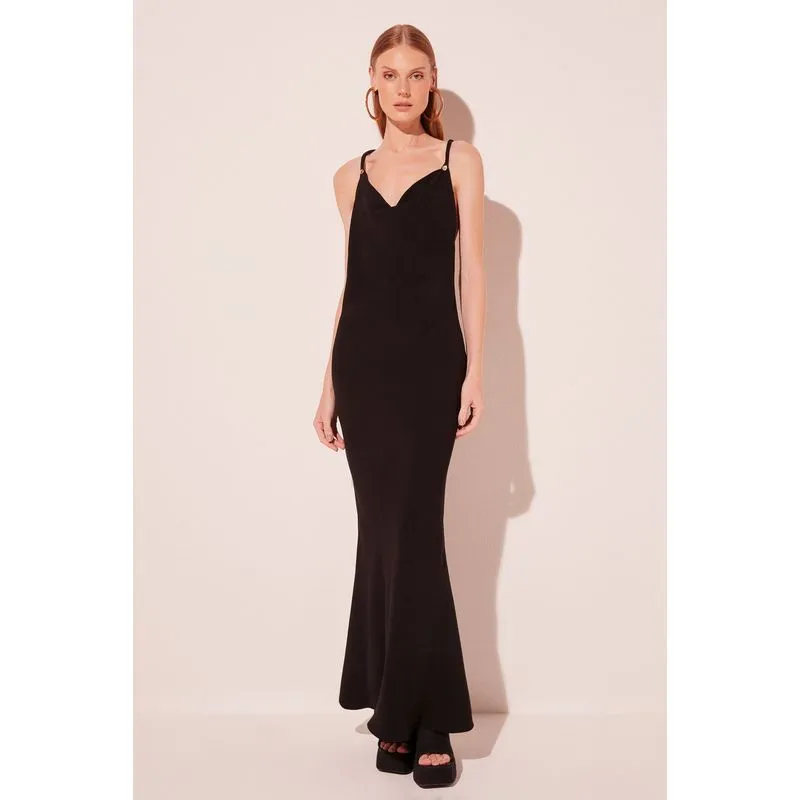 Vestido Longo Pétalas Preto PRETO/BLACK 40