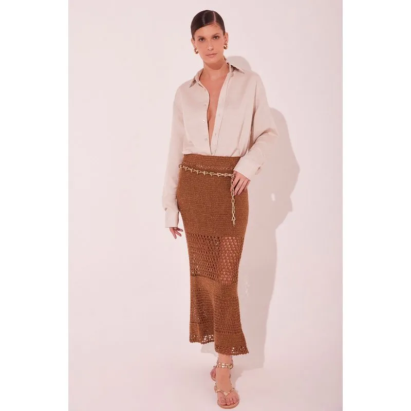 Saia Midi Crochês MARROM/BROWN PP/XS