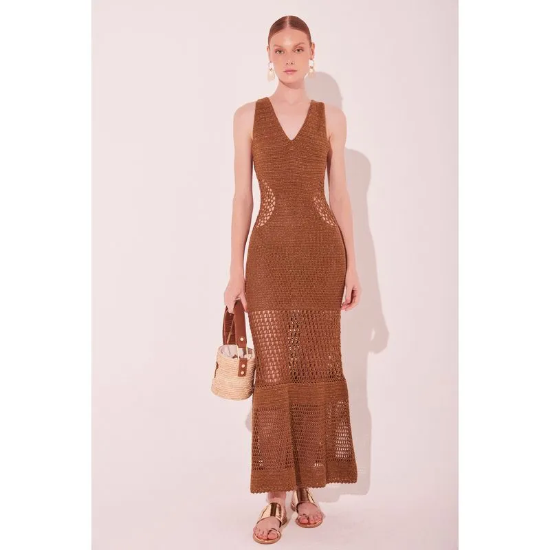 Vestido Longo Crochês MARROM/BROWN GG/XL