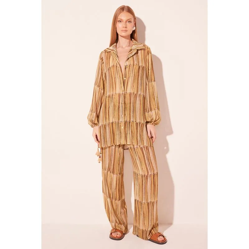 Chemise Curto Listrado Palha Bege BEGE/BEIGE G/L
