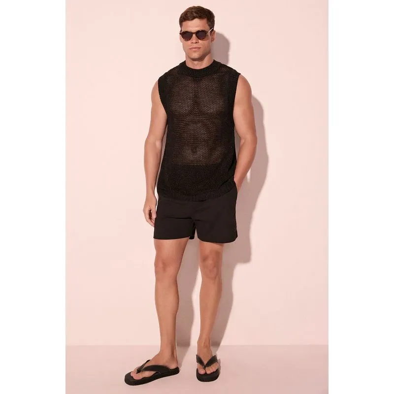 Bermuda Casual Liso Com Pregas Noturno Preto 38