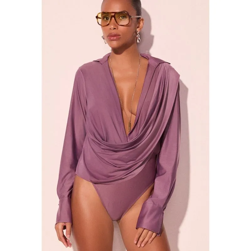 Body Manga Longa Drapeado Bromélia Roxo P/S