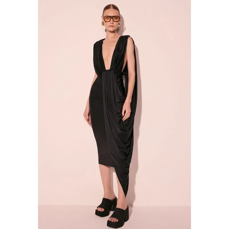 Vestido Midi Drapeado Bromélia Preto M/M