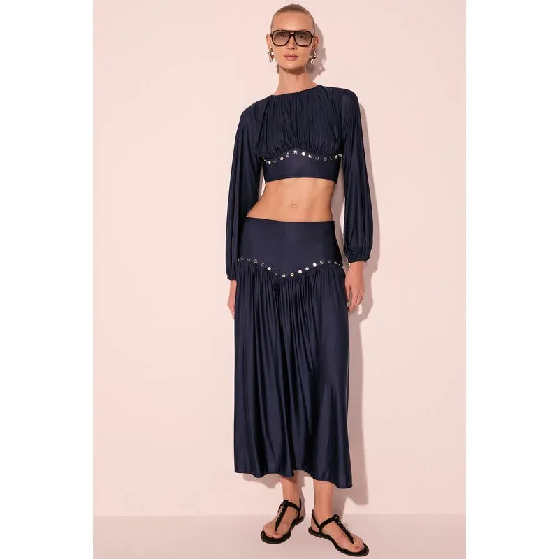 Saia Midi Rebites Azul Marinho PP/XS