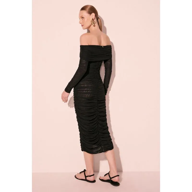 Vestido Longo Ombro A Ombro Franzido Aroma Preto PP/XS
