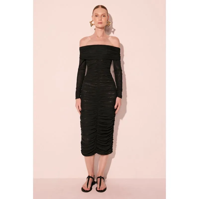 Vestido Longo Ombro A Ombro Franzido Aroma Preto GG/XL