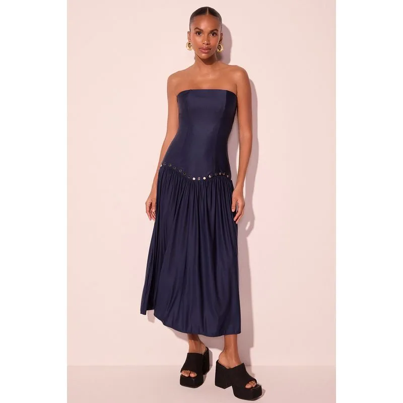 Vestido Longo Rebites Azul Marinho GG/XL