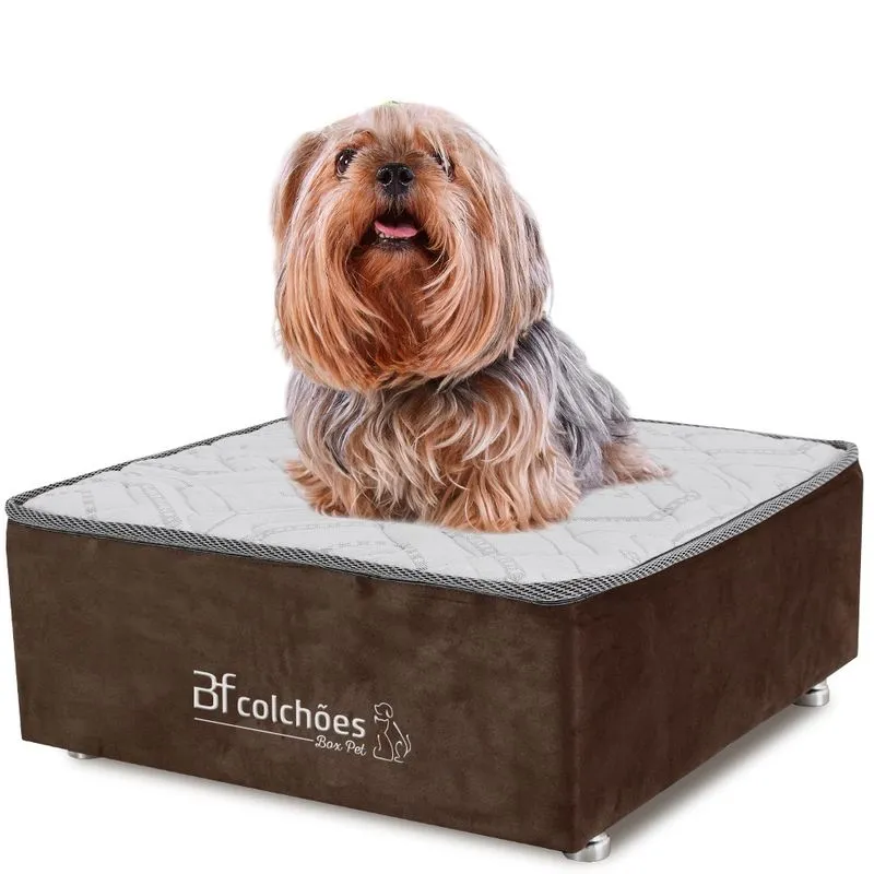 Cama Box Caminha para Cachorro e Gato Caminha em Suede Marrom + Lençol Impermeável Branco 60X60x24cm bf Colchões