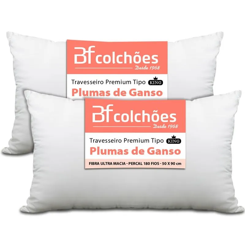 Kit 2 Travesseiro King Premium De Fibra Conforto Extra tipo Pluma De Ganso Ecológica 50x90 bf Colchões