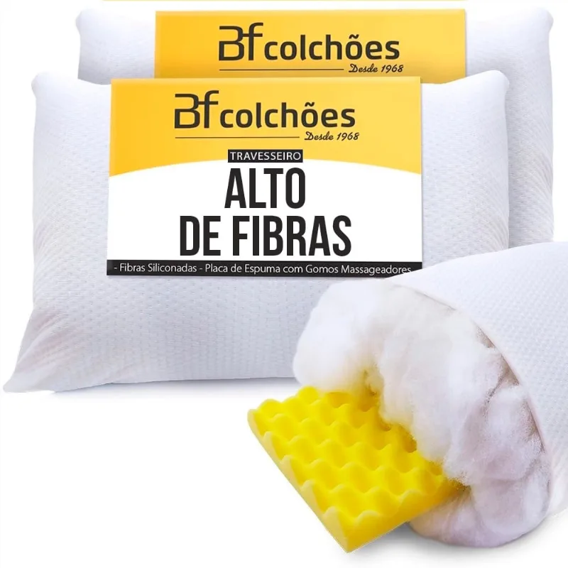 Kit 2 Travesseiro Alto de Fibra Siliconada + placa de Espuma Soft Massageador - bf Colchões