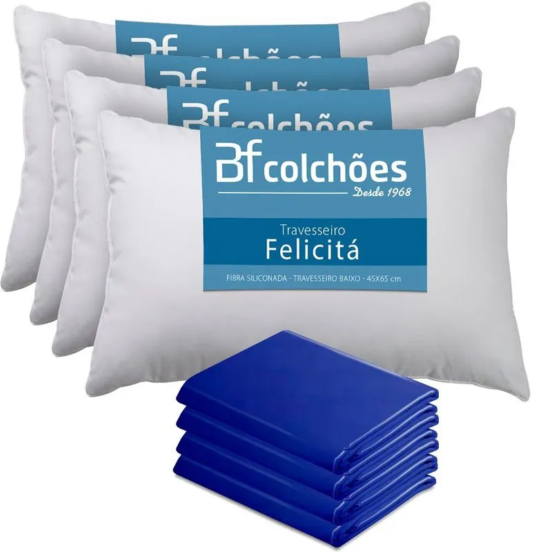 Kit 4 Travesseiro Fibra Siliconada Antialérgico 45x65cm + 4 Capas Impermeável Hospitalar Courvin 50x70cm bf Colchões