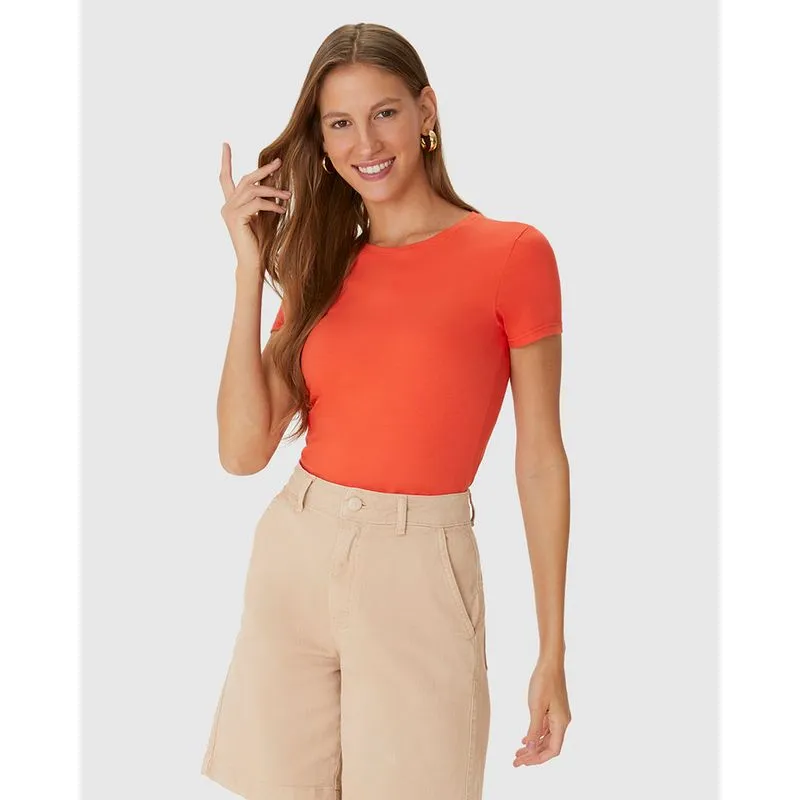 Camiseta Básica Feminina Slim Decote Redondo Em Algodão Laranja - P