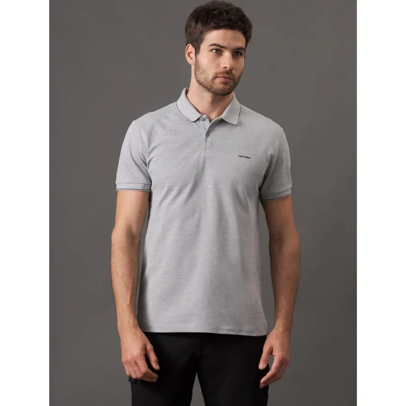 Camisa Polo Masculina Slim Básica Com Friso Calvin Klein - Cinza Camisa Polo Masculina Slim Básica Com Friso Calvin Klein Cinza Pp