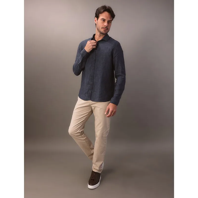 Camisa de Manga Longa Masculina em Linho Calvin Klein - Azul Marinho Camisa de Manga Longa Masculina em Linho Calvin Klein Azul Marinho 5