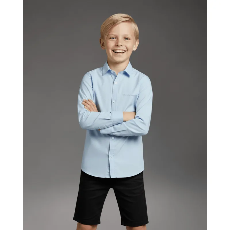 Camisa Menino Manga Longa Assinatura Calvin Klein Jeans - Azul Claro Camisa Menino Manga Longa Assinatura Calvin Klein Jeans Azul Claro 14