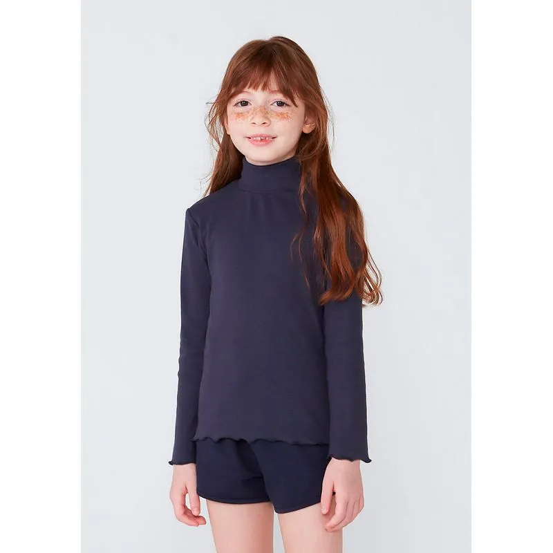 Blusa Básica Infantil Menina Manga Longa Com Gola Alta Em Ribana - Azul 012