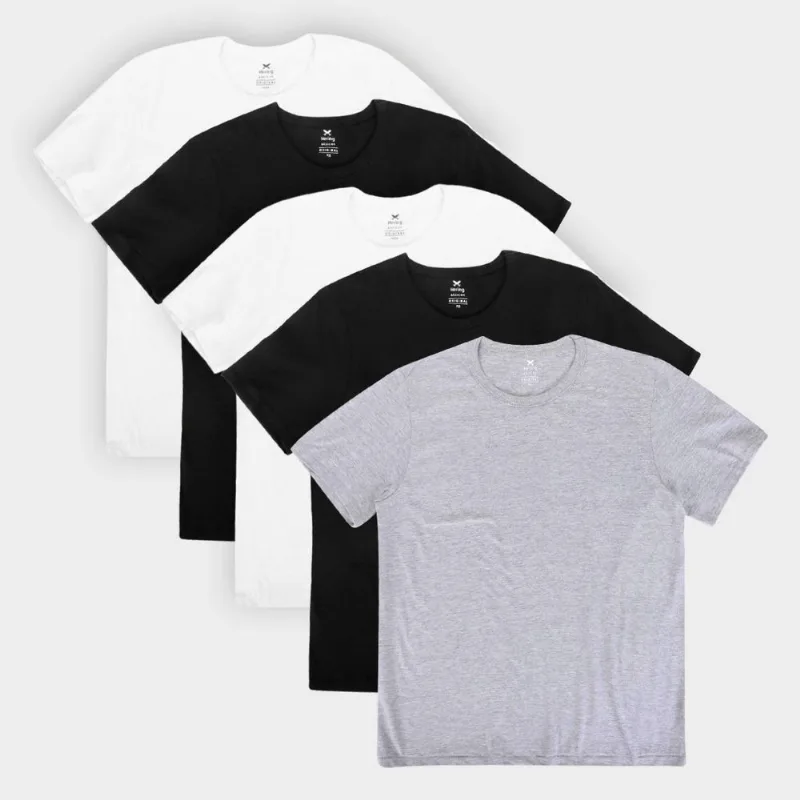 Kit Camiseta Hering Slim Masculina 5 Peças - Masculino - Branco+Preto