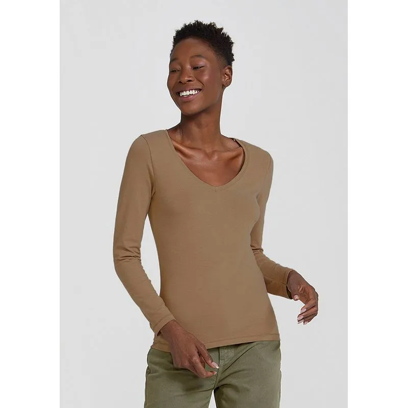 Blusa Básica Feminina Slim Manga Longa - Marrom XP
