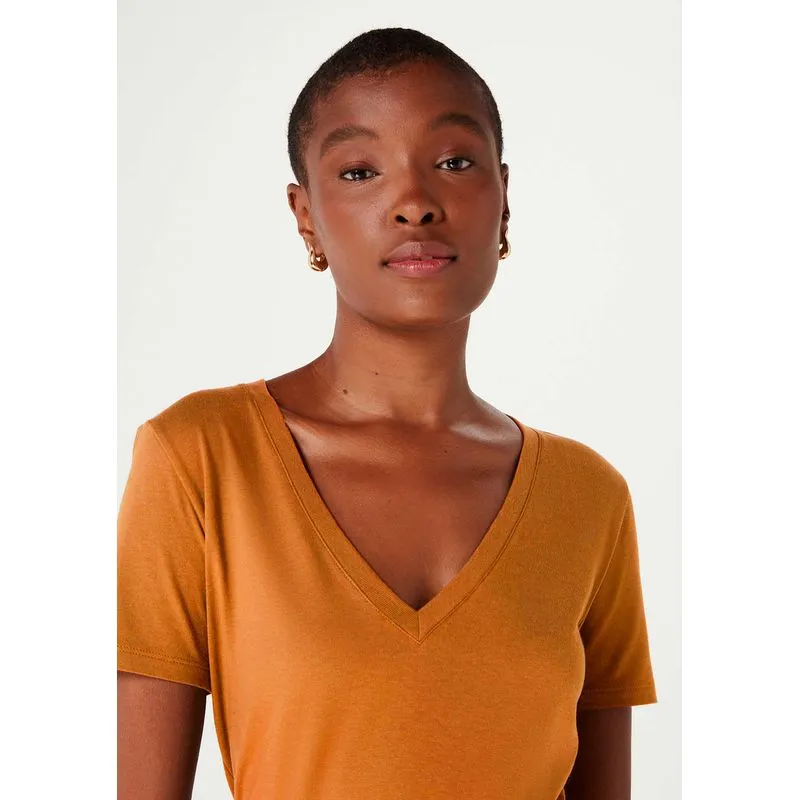 Blusa Básica Feminina Em Algodão Com Decote V - Marrom XG