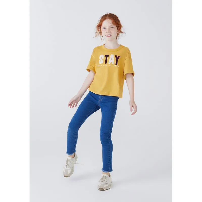 Camiseta Infantil Menina Curta Em Algodão - Amarelo 012