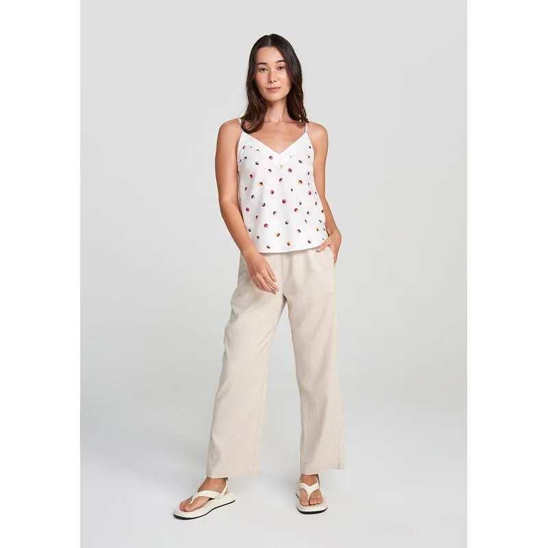Regata Feminina Decote V Poá Em Linho - Off white G