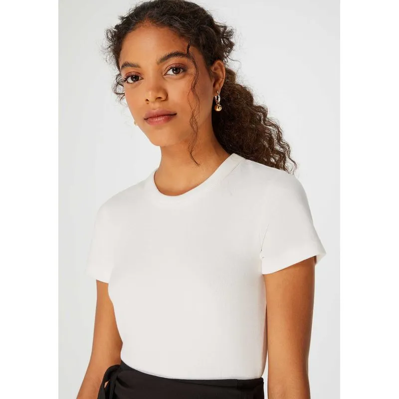 Blusa Cropped Feminina Manga Curta Em Ribana - Off white G
